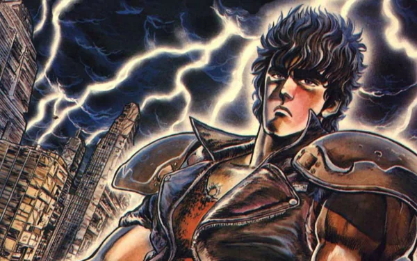 HD PC desktop wallpaper of Kenshiro from Fist of the North Star anime, featuring him standing powerfully with lightning and a ruined city in the background.