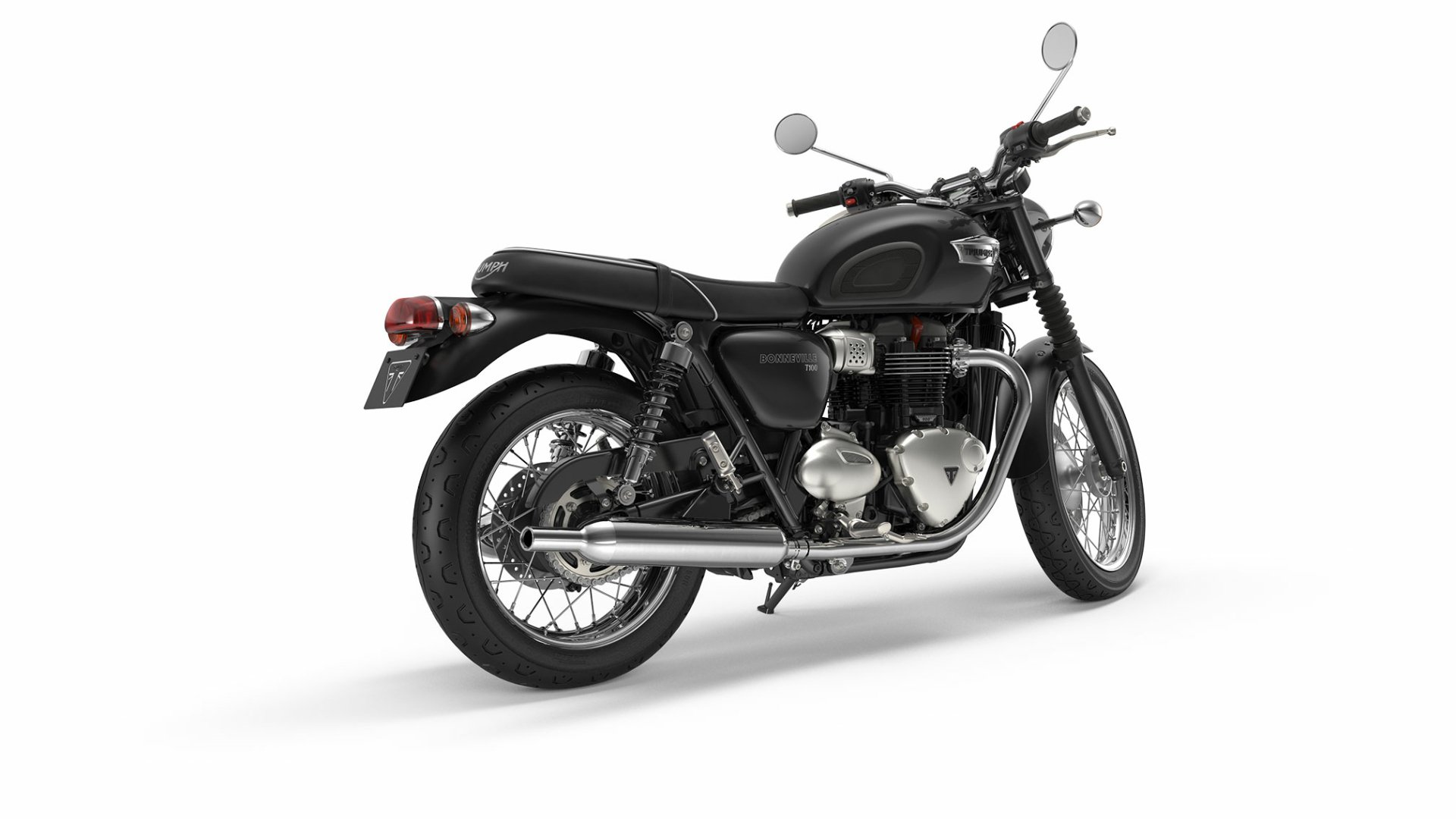 HD PC desktop wallpaper of a black Triumph Bonneville T100 motorcycle on white background — classic Triumph Bonneville vehicle shown from rear-three-quarter view.