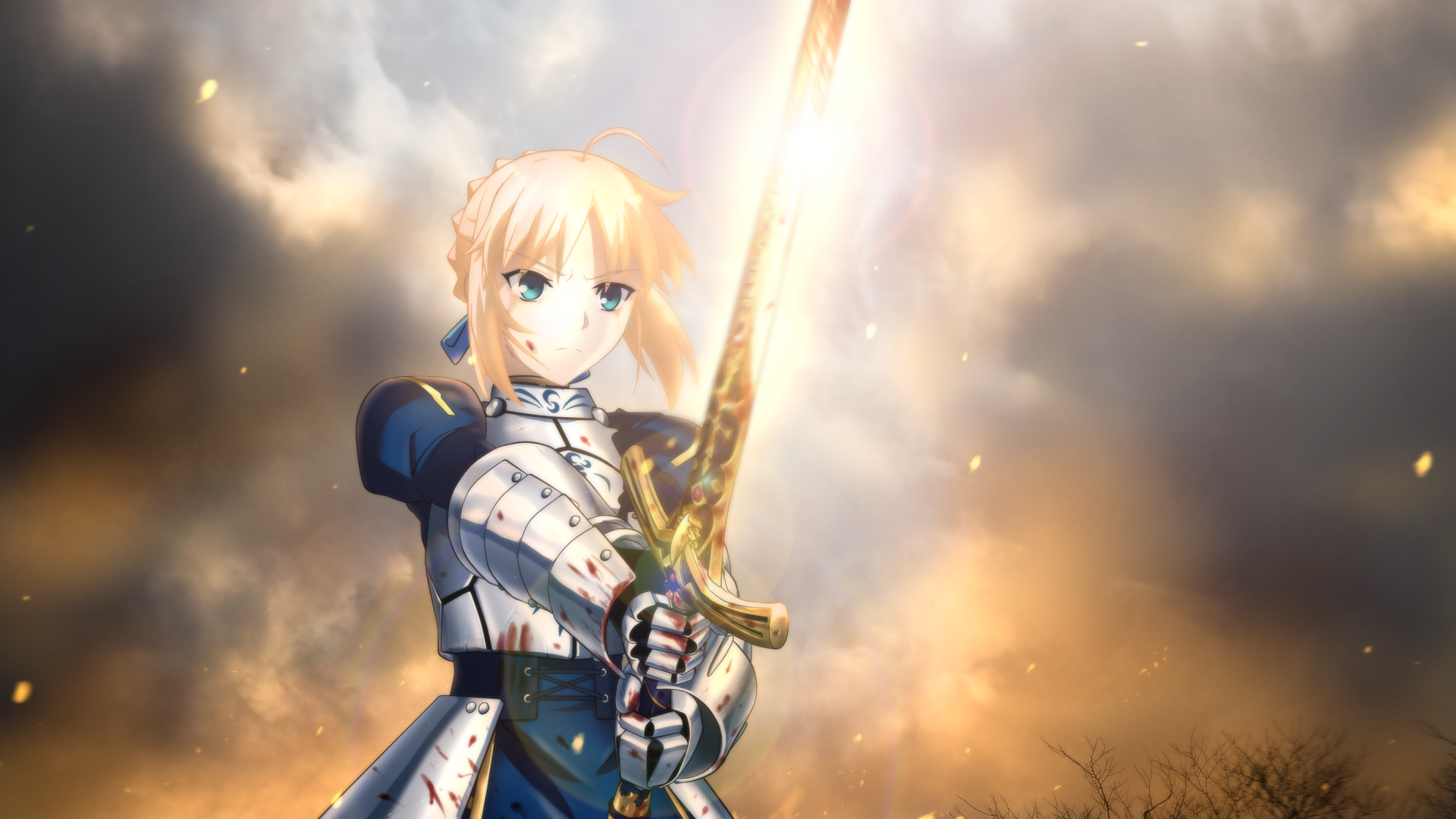 Anime-inspired HD wallpaper featuring Saber from the Fate Series, wielding her sword against a dramatic, cloudy backdrop. A striking visual for fans of Fate/Stay Night.