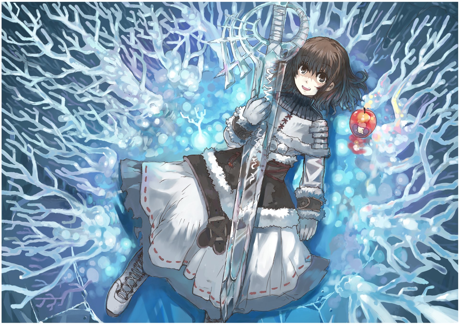 Anime original HD PC desktop wallpaper/background — dark-haired girl in fur-trimmed white winter dress lies among glowing blue coral-like ice, clutching an ornate staff and a red lantern.