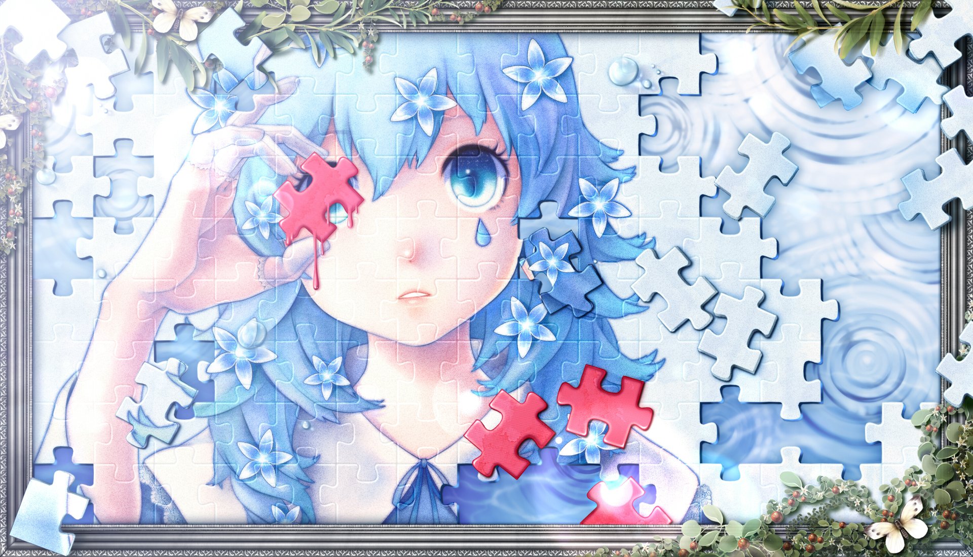 HD anime original desktop wallpaper featuring a blue-haired girl with puzzle piece accents and floral details in a serene water setting.