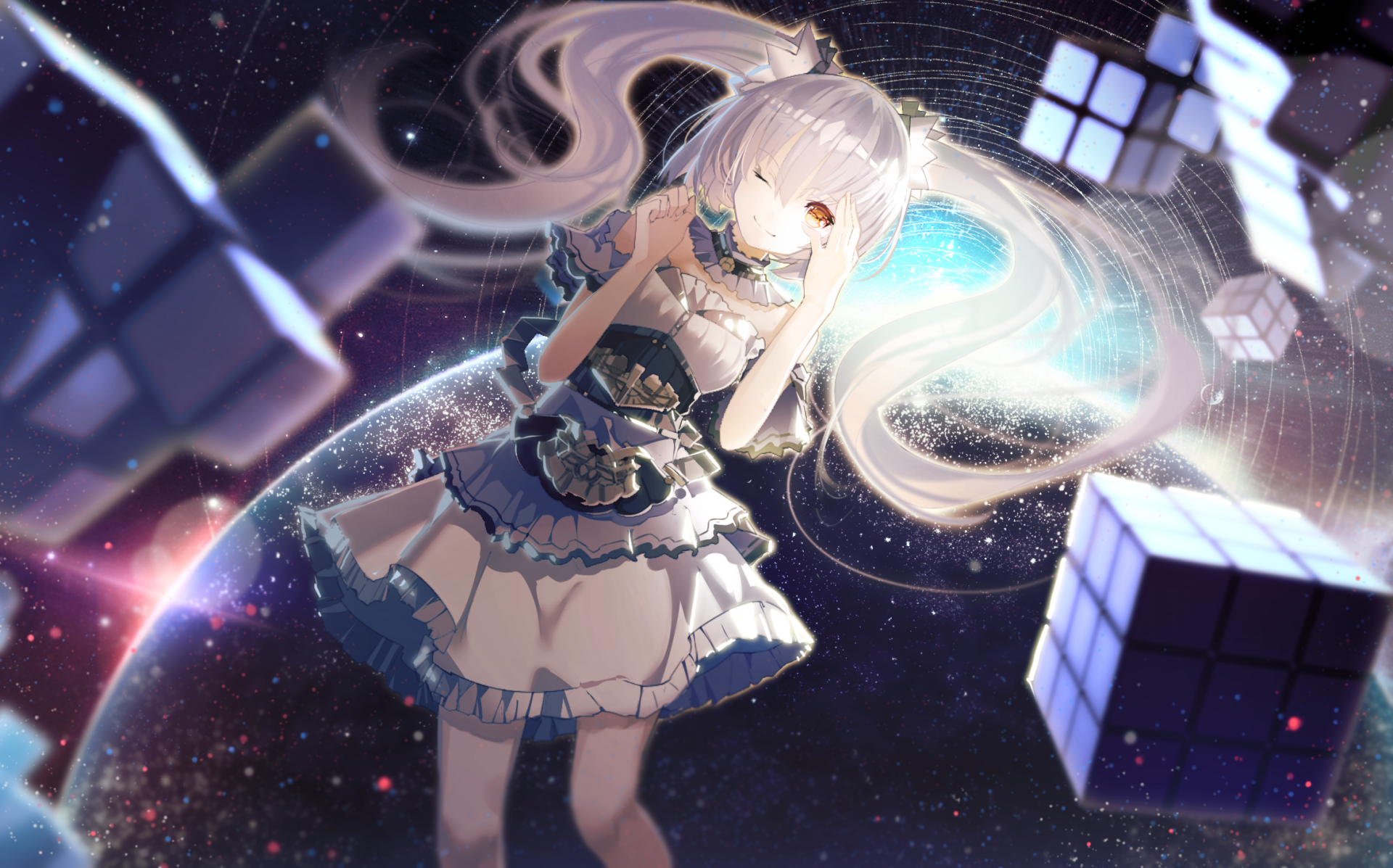 Anime-inspired HD desktop wallpaper featuring a character with flowing hair in a cosmic setting, surrounded by floating Rubik's cubes and a vibrant galaxy backdrop.