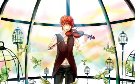 Anime violinist with red hair playing in a glass-domed room surrounded by birdcages and green birds — vibrant 2K Quad HD PC desktop wallpaper.