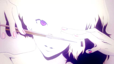 Close-up of Five (Zankyou no Terror): pale face, white hair, one vivid purple eye peeking over scissors; anime HD PC desktop wallpaper background.