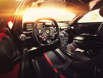 Ferrari FXX K cockpit: carbon-fiber steering wheel with prancing horse, racing seats and illuminated dash — 2K Quad HD PC desktop wallpaper/background.
