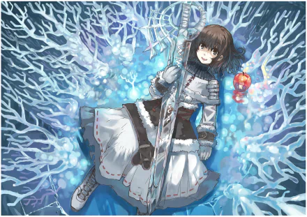 Anime original HD PC desktop wallpaper/background — dark-haired girl in fur-trimmed white winter dress lies among glowing blue coral-like ice, clutching an ornate staff and a red lantern.
