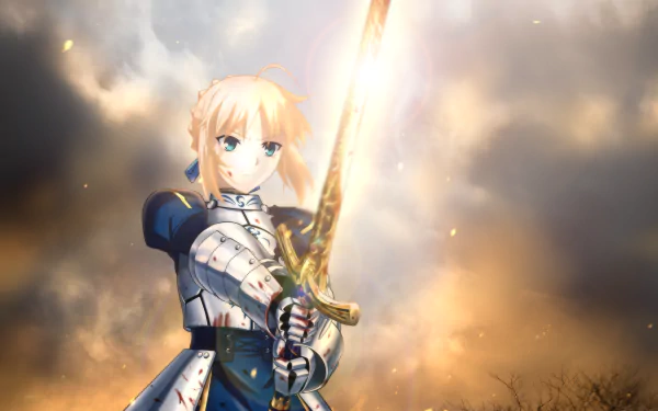 Anime-inspired HD wallpaper featuring Saber from the Fate Series, wielding her sword against a dramatic, cloudy backdrop. A striking visual for fans of Fate/Stay Night.