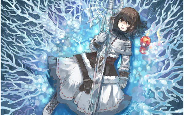 Anime original HD PC desktop wallpaper/background — dark-haired girl in fur-trimmed white winter dress lies among glowing blue coral-like ice, clutching an ornate staff and a red lantern.