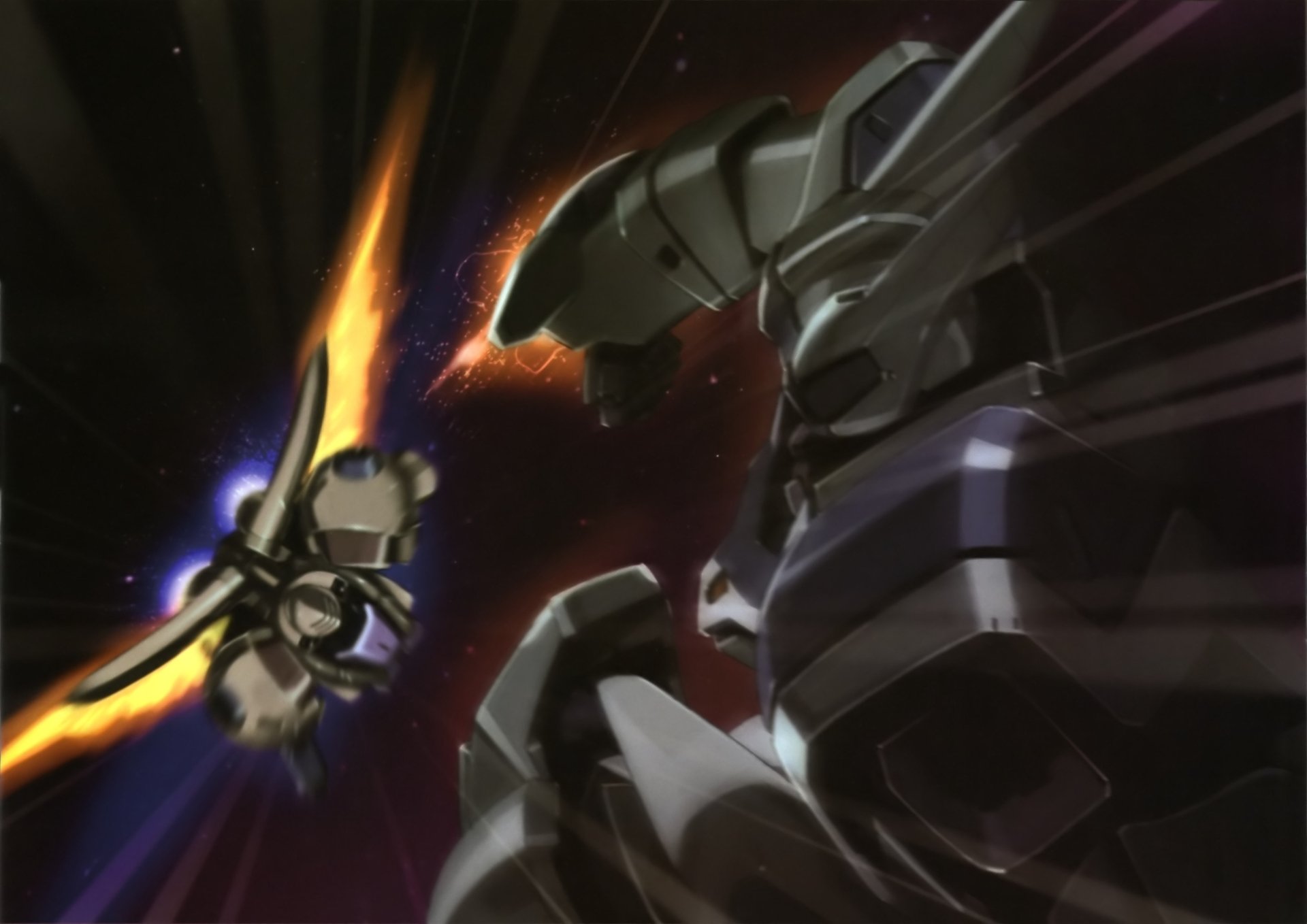 HD PC desktop wallpaper featuring a dynamic battle scene from the anime After War Gundam X, showcasing two mechas clashing in space.