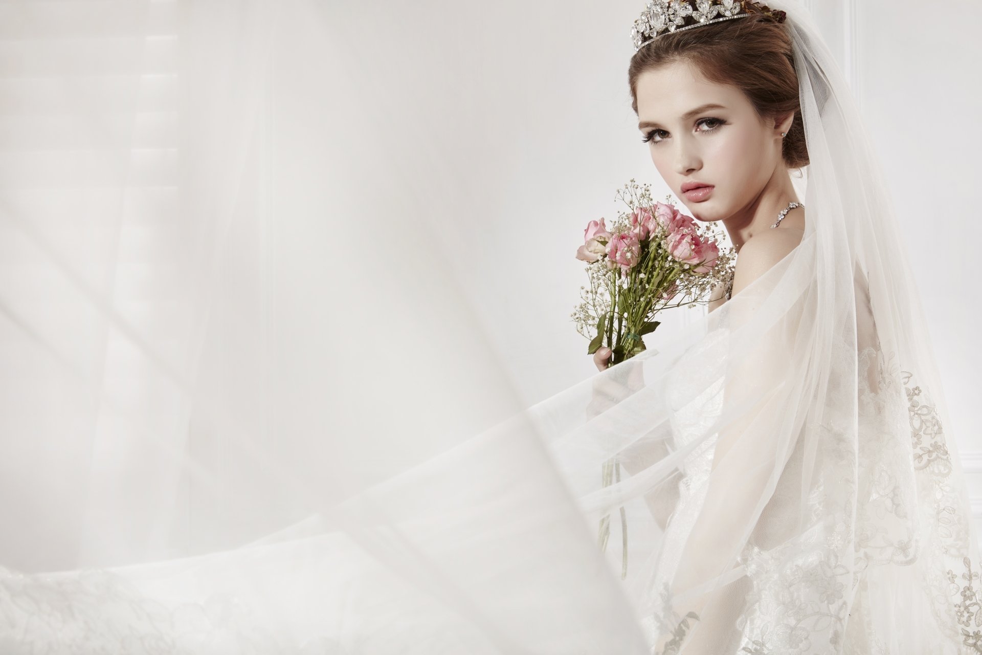 Download Wedding Dress Brown Eyes Flower Woman Bride 8k Ultra Hd Wallpaper