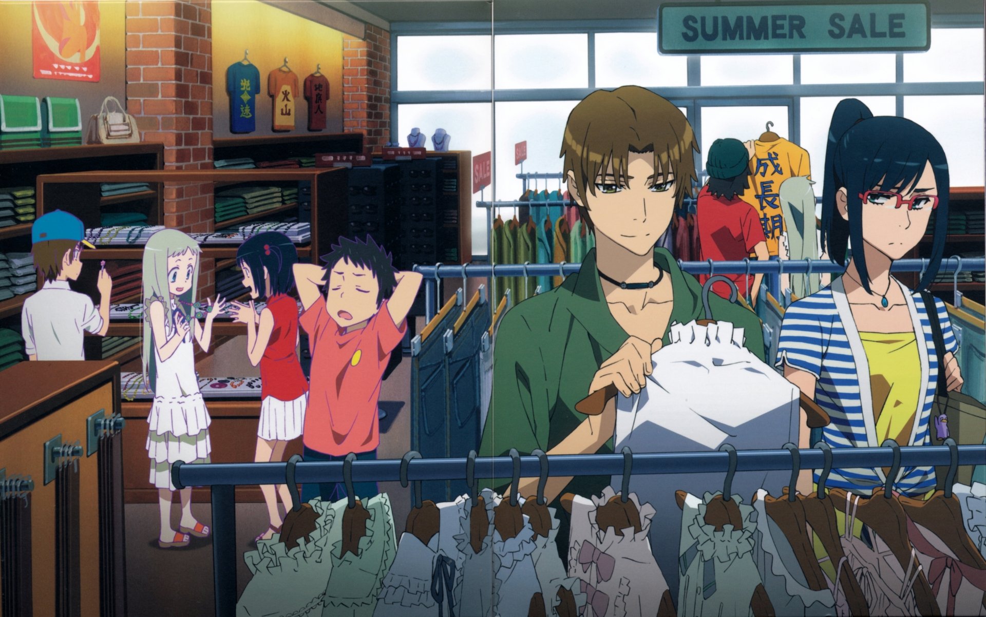 Anime scene from Anohana showing characters shopping inside a clothing store with a summer sale banner, captured in 4K Ultra HD as a PC desktop wallpaper.