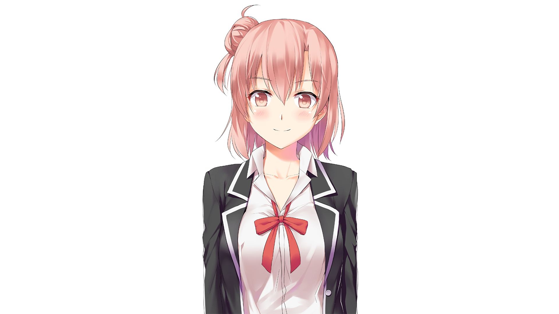 HD anime wallpaper featuring a character from My Teen Romantic Comedy SNAFU in a school uniform with pink hair, set against a white background.