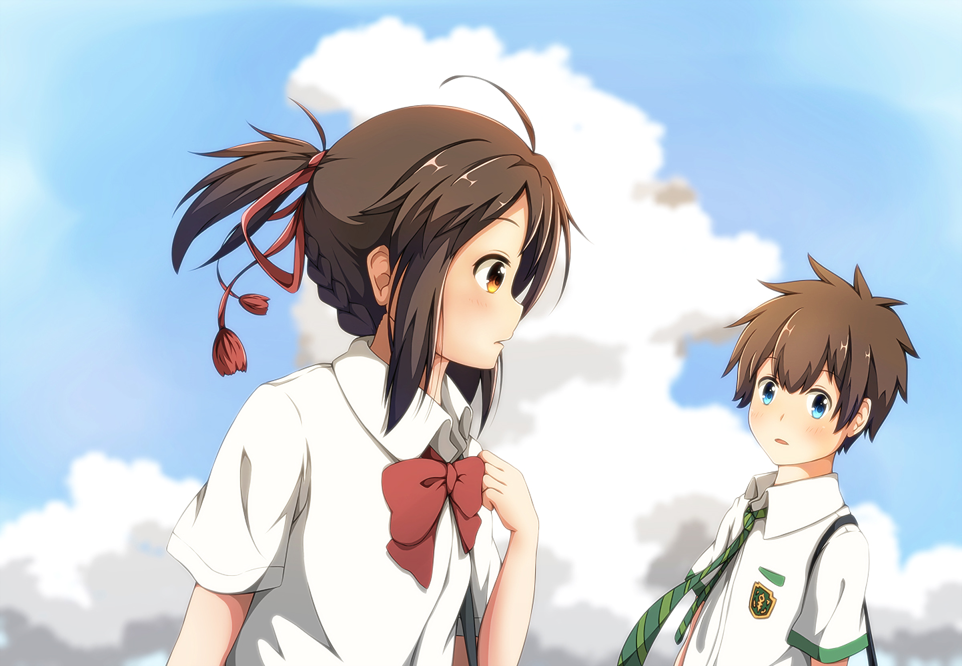 HD anime wallpaper featuring Taki Tachibana and Mitsuha Miyamizu from Your Name., set against a bright blue sky with fluffy white clouds.