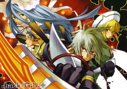 HD PC desktop wallpaper featuring dynamic characters from the anime .hack//G.U., showcasing intense expressions and vibrant colors in an action-packed composition.