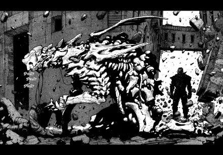 HD PC desktop wallpaper featuring a detailed black-and-white anime scene from Abara, depicting a monstrous creature and a silhouetted figure in a ruined urban setting.