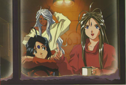 Anime HD PC desktop wallpaper of Ah! My Goddess: three heroines in a cozy room — long brown‑haired woman with a mug, white‑haired woman, and short dark‑haired girl by a window.