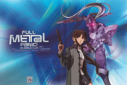 Anime Full Metal Panic! HD PC desktop wallpaper: a stern character with a handgun stands before a purple mecha against a swirling blue background with the series logo.