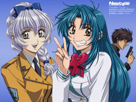HD PC desktop wallpaper featuring vibrant anime characters from Full Metal Panic!, showcasing two girls and a gun-wielding male against a clear blue sky background.