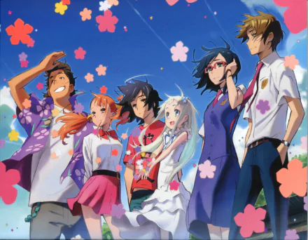 A vibrant 4K Ultra HD wallpaper featuring characters from Anohana, set against a bright blue sky with pink flowers, capturing a moment of friendship and nostalgia.