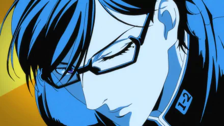 HD PC desktop wallpaper featuring Sakamoto from the anime Haven't You Heard I'm Sakamoto in a close-up with glasses and a blue-toned color scheme.