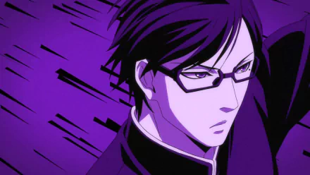 HD anime desktop wallpaper of Sakamoto from Haven't You Heard I'm Sakamoto, featuring a close-up of the character with dynamic purple and black tones.