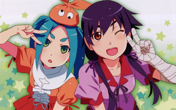 4K Ultra HD PC desktop wallpaper/background: two colorful anime girls from the Monogatari (Series) in playful poses, one winking, the other with a small orange plush on her head.