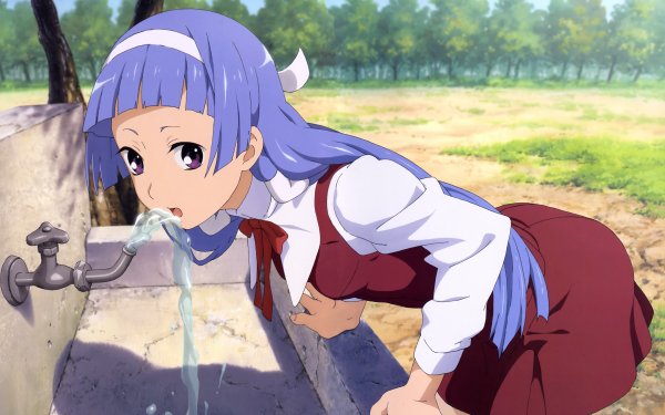 Anime Kannagi: Crazy Shrine Maidens Nagi Purple Hair Purple Eyes Dress Red Dress bow Drinking Long Hair HD Wallpaper | Background Image