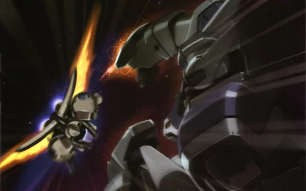 HD PC desktop wallpaper featuring a dynamic battle scene from the anime After War Gundam X, showcasing two mechas clashing in space.