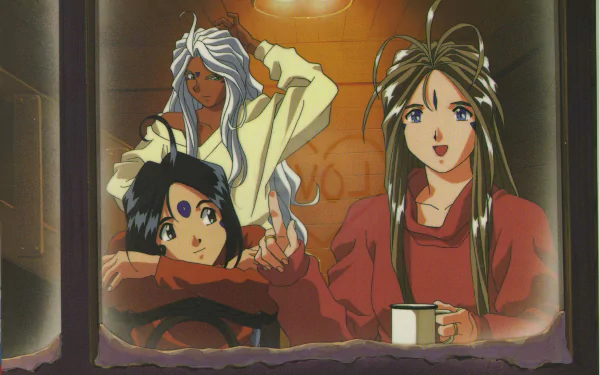 Anime HD PC desktop wallpaper of Ah! My Goddess: three heroines in a cozy room — long brown‑haired woman with a mug, white‑haired woman, and short dark‑haired girl by a window.