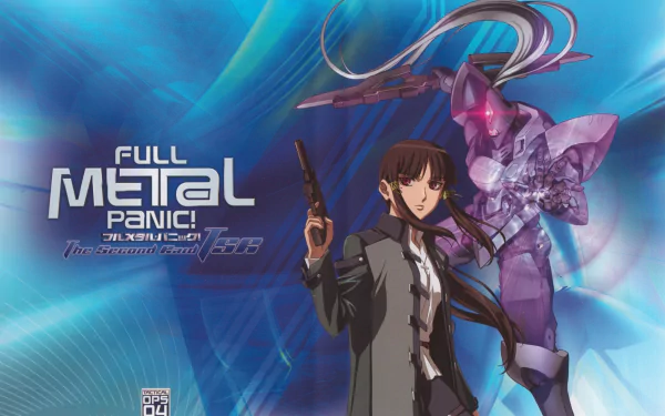 Anime Full Metal Panic! HD PC desktop wallpaper: a stern character with a handgun stands before a purple mecha against a swirling blue background with the series logo.