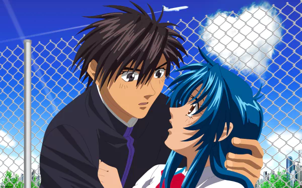 Anime HD desktop wallpaper from Full Metal Panic! depicting two characters embracing near a chain-link fence with a heart-shaped cloud in the sky.