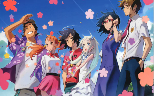 A vibrant 4K Ultra HD wallpaper featuring characters from Anohana, set against a bright blue sky with pink flowers, capturing a moment of friendship and nostalgia.