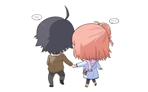 Chibi-style anime characters from My Teen Romantic Comedy SNAFU holding hands, depicted in a HD PC desktop wallpaper and background.