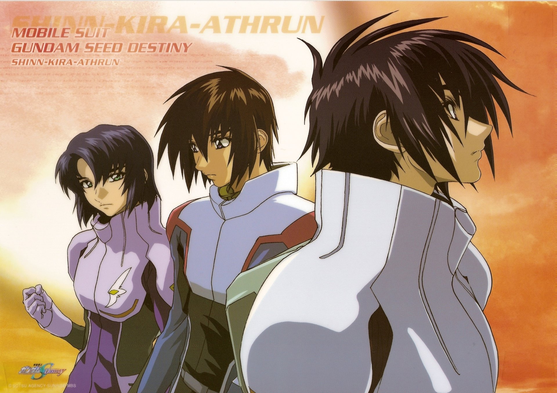 Anime Mobile Suit Gundam SEED Destiny HD wallpaper: three pilots in flight suits stand side-by-side against an orange sunset — PC desktop background.