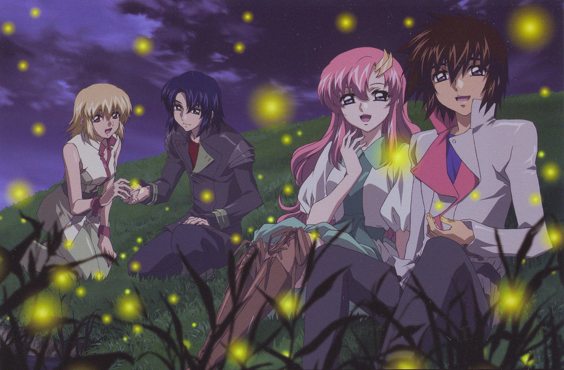 Anime HD PC desktop wallpaper from Mobile Suit Gundam Seed Destiny: four characters sit in a grassy field at night, two couples surrounded by glowing fireflies beneath a purple sky.