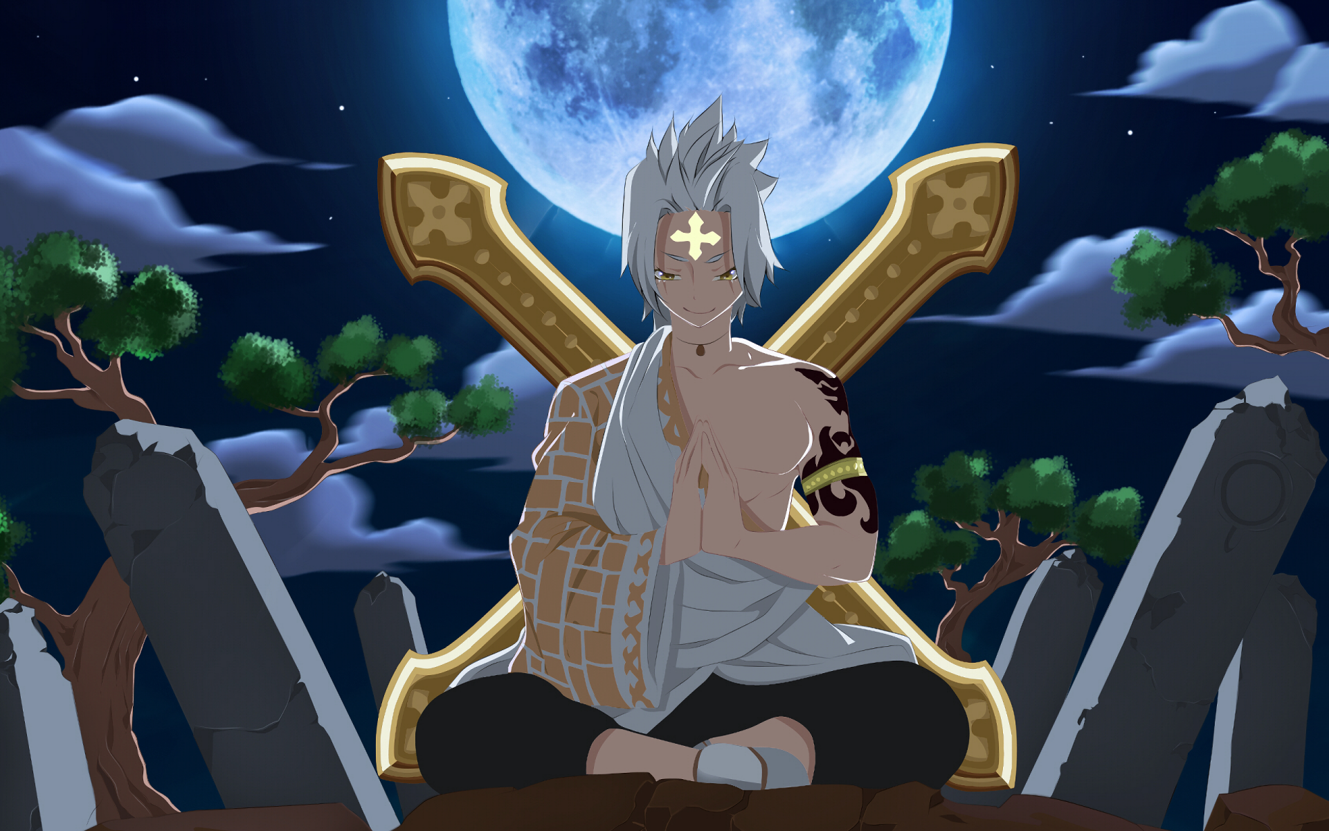 Larcade Dragneel from the anime Fairy Tail is depicted meditating under a full moon, flanked by large swords, creating a striking HD desktop wallpaper.