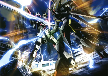 HD anime desktop wallpaper featuring dynamic Mobile Suit Gundam Seed Destiny mechas engaged in an intense battle with vibrant energy effects and futuristic cityscape background.