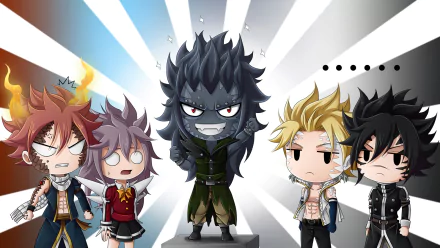 Chibi-style characters Rogue Cheney, Sting Eucliffe, Gajeel Redfox, Wendy Marvell, and Natsu Dragneel from the anime Fairy Tail stand dramatically against a vibrant background.