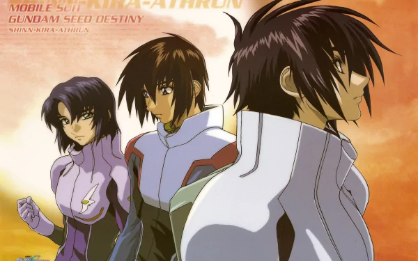 Anime Mobile Suit Gundam SEED Destiny HD wallpaper: three pilots in flight suits stand side-by-side against an orange sunset — PC desktop background.