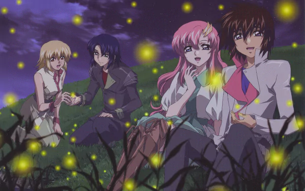 Anime HD PC desktop wallpaper from Mobile Suit Gundam Seed Destiny: four characters sit in a grassy field at night, two couples surrounded by glowing fireflies beneath a purple sky.