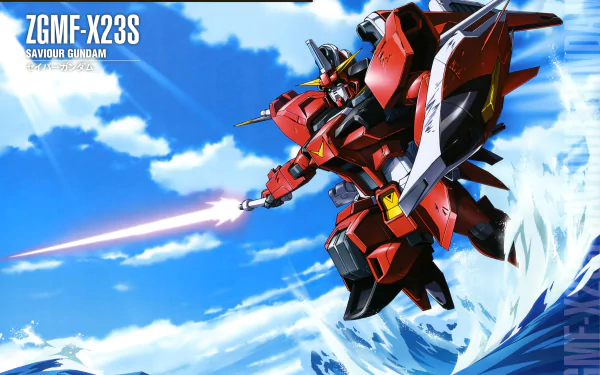 Anime Mobile Suit Gundam Seed Destiny — red ZGMF‑X23S Saviour Gundam lunging with a beam saber over crashing waves and bright blue sky; 5K Ultra HD PC desktop wallpaper/background.