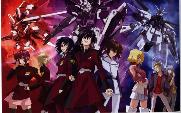 2K Quad HD PC desktop wallpaper of Mobile Suit Gundam SEED Destiny: protagonists and allies posed before a red‑and‑blue cosmic backdrop with several mobile suits looming above.
