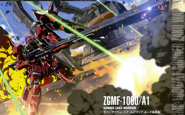 4K Ultra HD anime wallpaper featuring the ZGMF-1000/A1 Gunner ZAKU Warrior from Mobile Suit Gundam Seed Destiny in an intense battle scene.