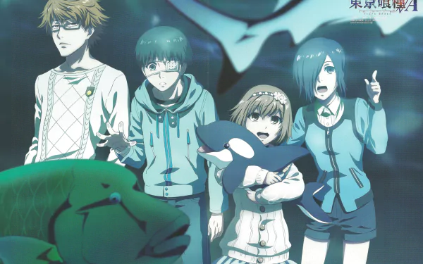 Anime characters Nishiki Nishio, Hinami Fueguchi, Touka Kirishima, and Ken Kaneki from Tokyo Ghoul in a vibrant HD wallpaper background.