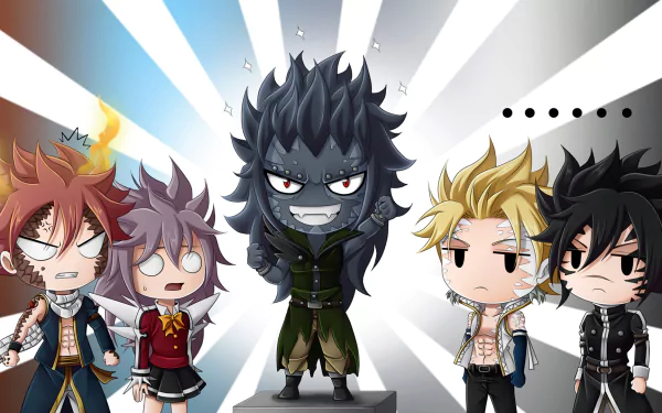 Chibi-style characters Rogue Cheney, Sting Eucliffe, Gajeel Redfox, Wendy Marvell, and Natsu Dragneel from the anime Fairy Tail stand dramatically against a vibrant background.
