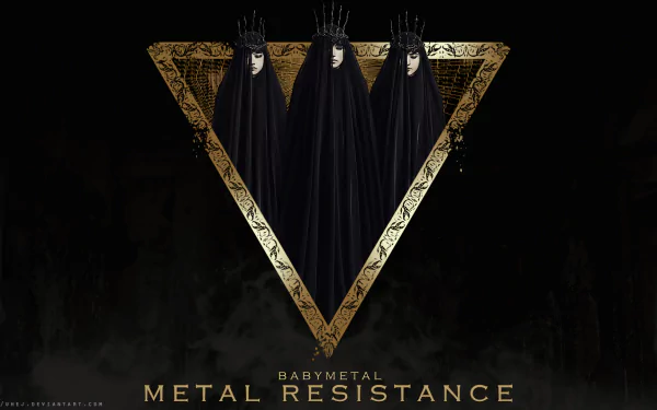 HD desktop wallpaper featuring Babymetal, an Asian Japanese metal idol group, with dark, heavy metal visuals and a golden triangular frame symbolizing metal resistance.