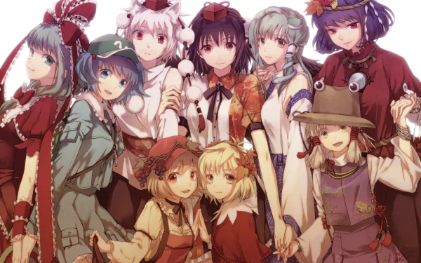 Suwako Moriya Sanae Kochiya Momiji Inubashiri Hina Kagiyama Aya Shameimaru Nitori Kawashiro Anime Touhou HD Desktop Wallpaper | Background Image