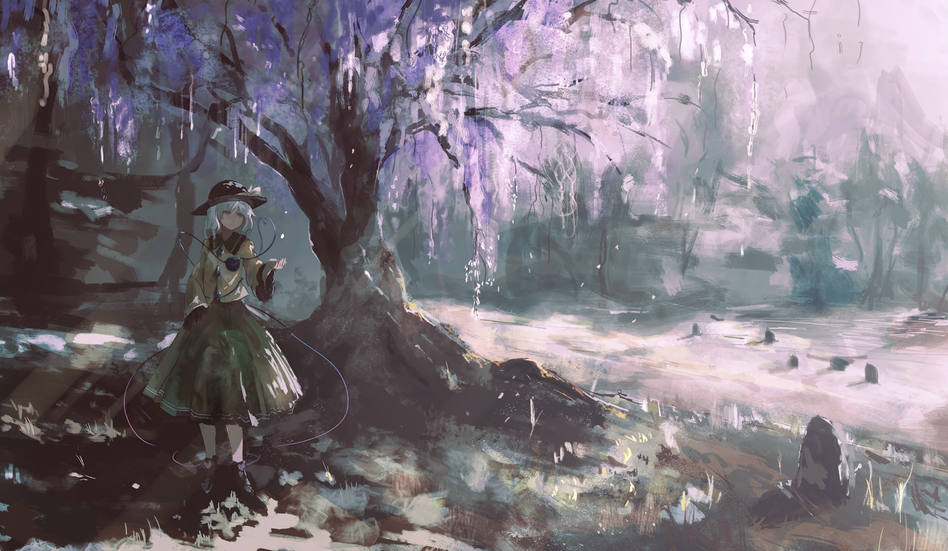 HD PC wallpaper featuring Koishi Komeiji from Touhou, standing beside a large tree with purple hanging flowers in a misty, serene forest setting.