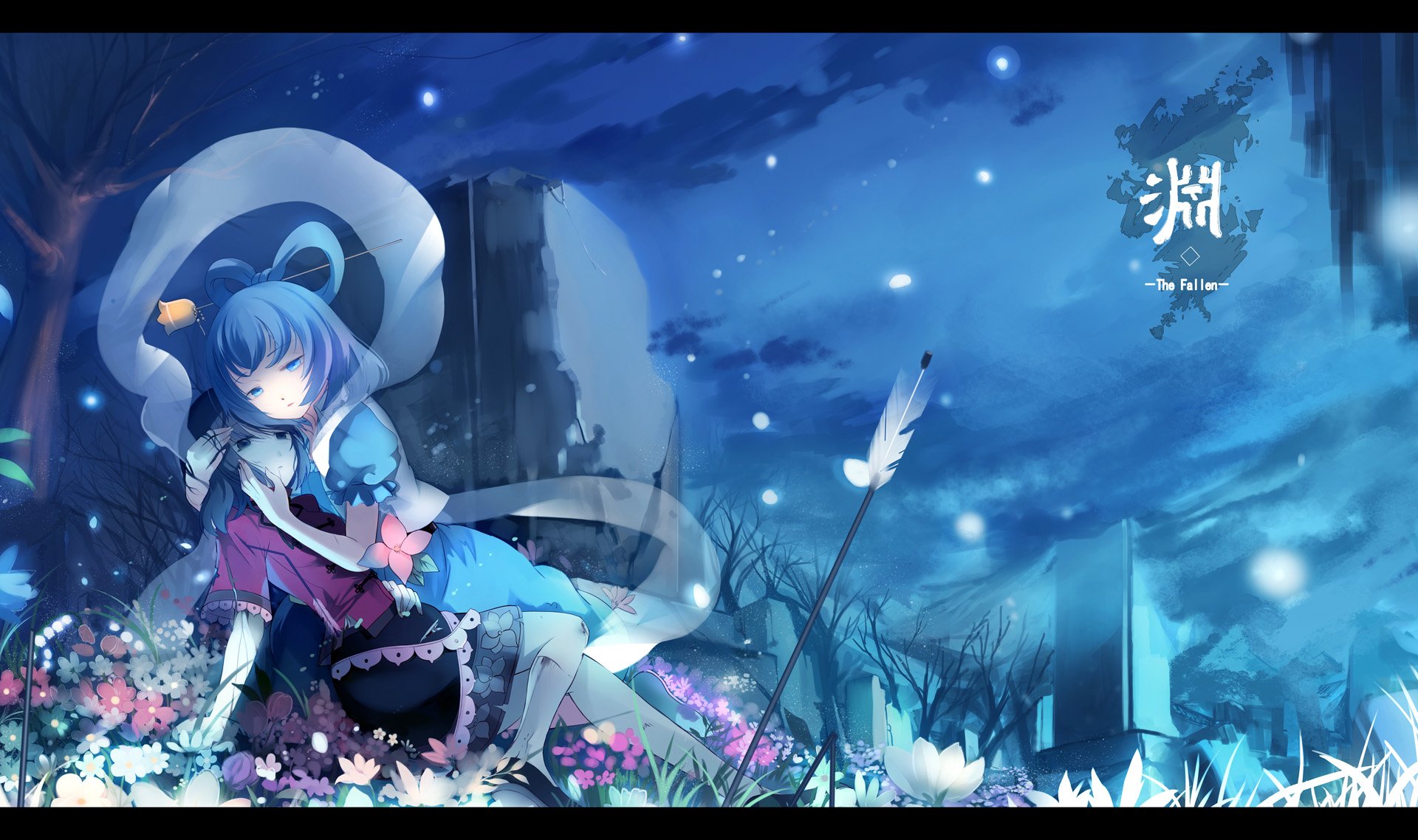 Touhou anime HD desktop wallpaper featuring Yoshika Miyako and Seiga Kaku in a moonlit blue graveyard, Yoshika resting among flowers under a starry night sky.
