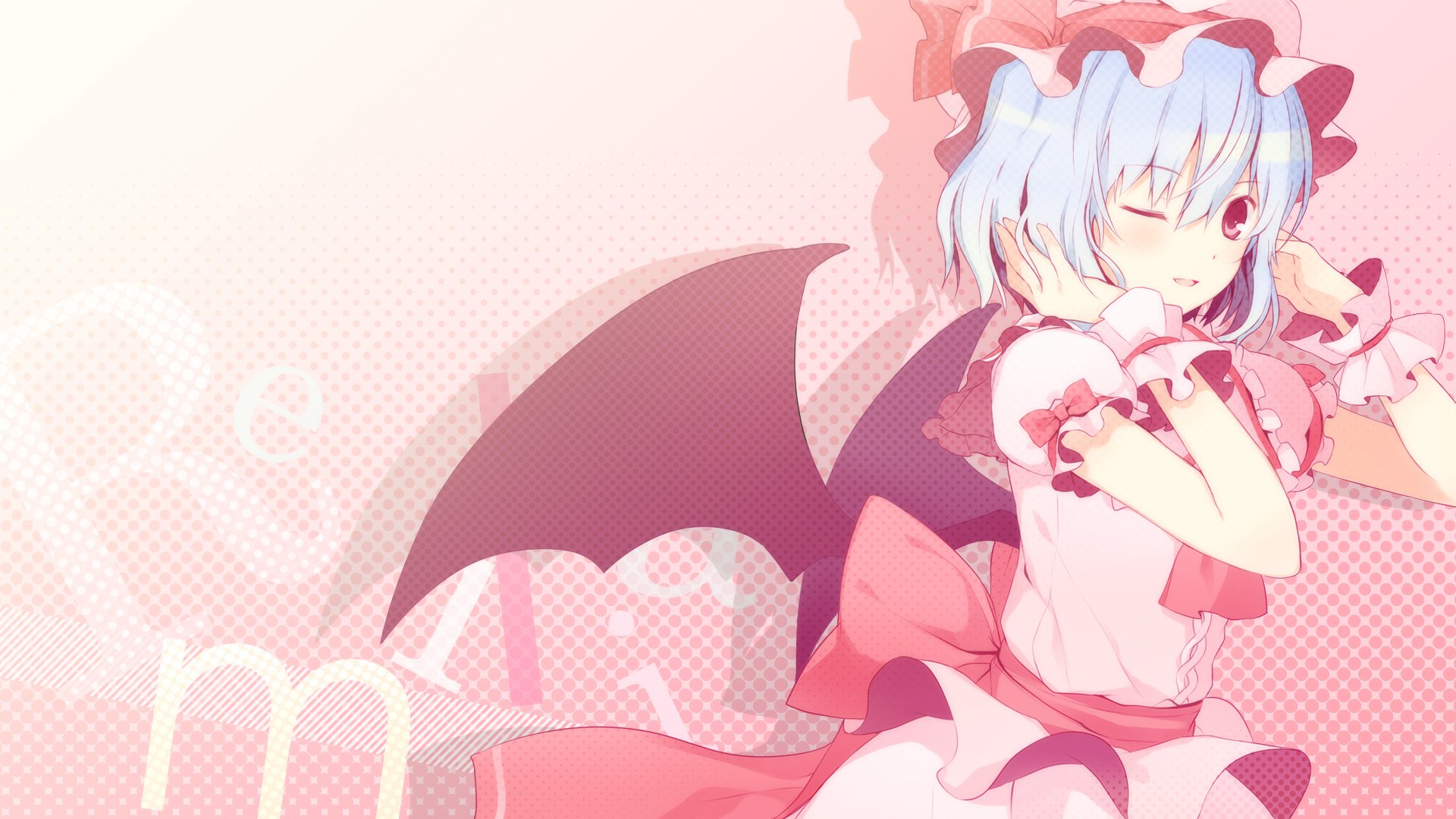 HD anime desktop wallpaper featuring Remilia Scarlet from Touhou, showcasing her with bat wings and a red and white outfit against a soft pink background.